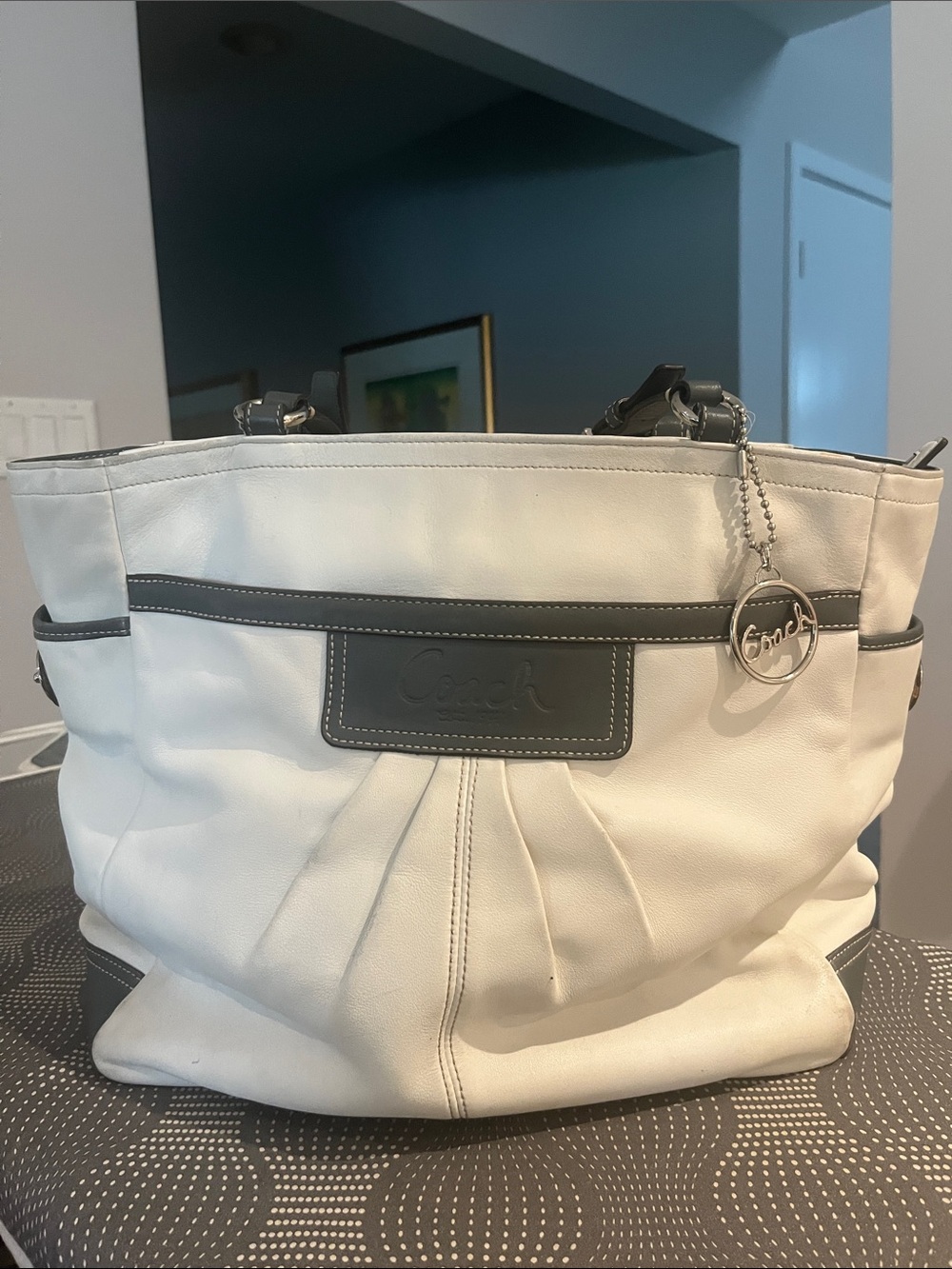 Coach Soho Pleated Gallery Tote | 2010 |  White Leather, Gray Trim & Logo Charm